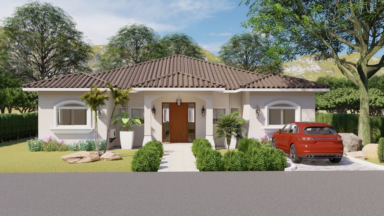 buyDRproperty Beautiful 3 Bedroom Villa LOTUS in Residential Hispaniola with red car in the driveway. Sosua Real Estate