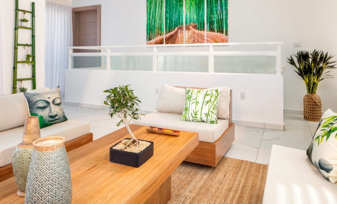 buyDRproperty Beautiful Villa SEASHELL living room in Casa Linda with zen decor and bamboo art Sosua Real Estate