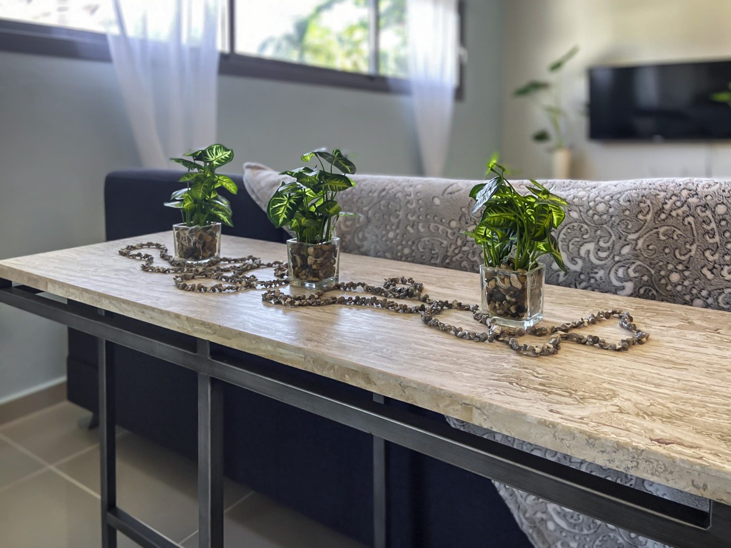 buyDRproperty Modern console table with three potted plants and stone chain, perfect for a ProCab penthouse. Sosua Real Estate