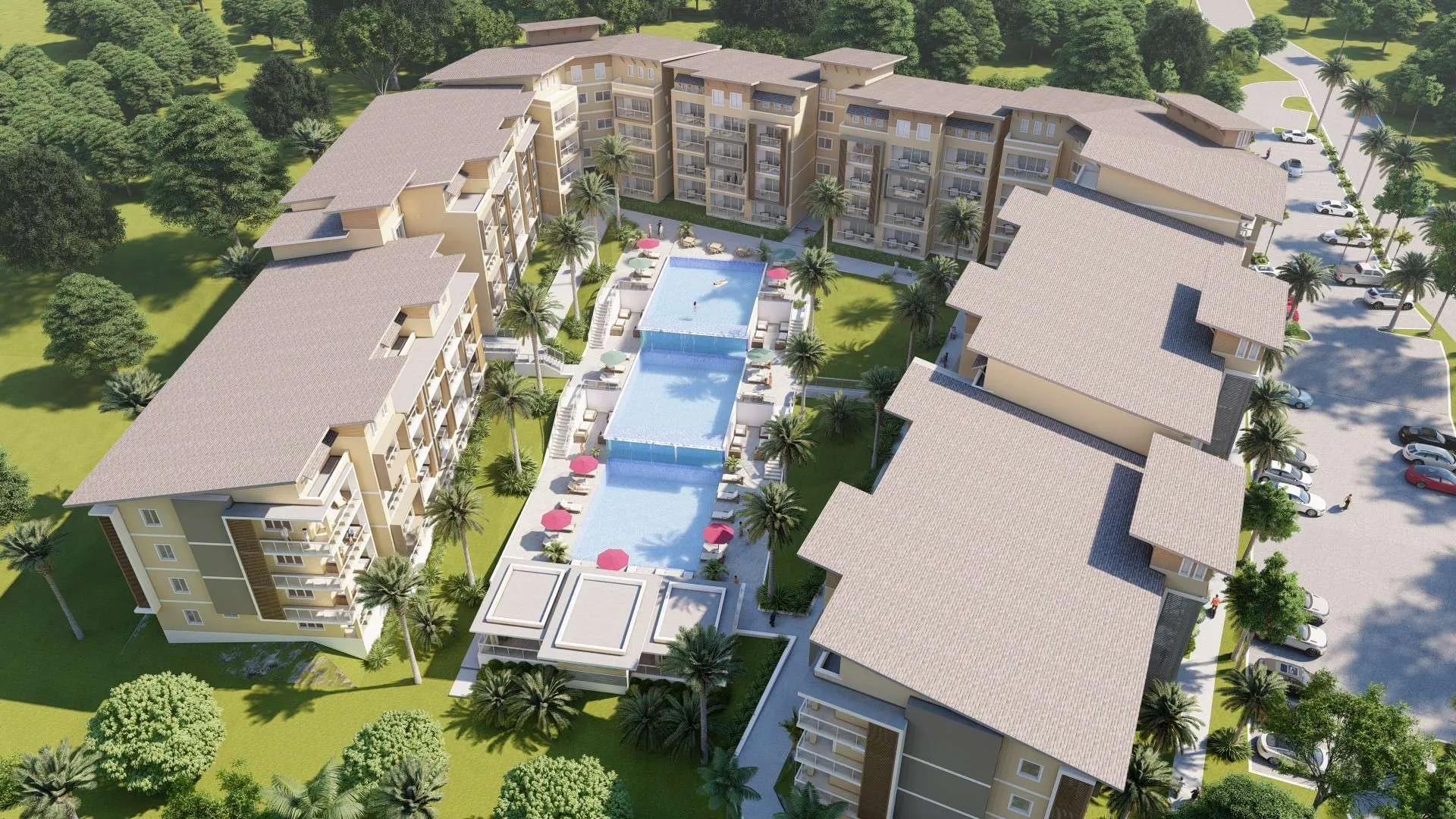 buyDRproperty Aerial view of a luxury condo complex with a pool and palm trees. Sosua Real Estate