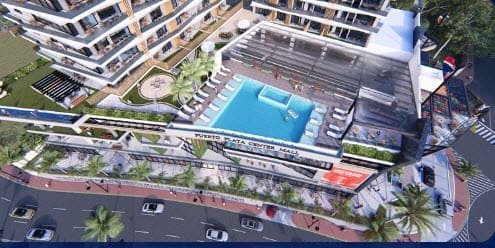 Aerial view of Brickell Center Towers with swimming pool and Puerto Plata Center Mall