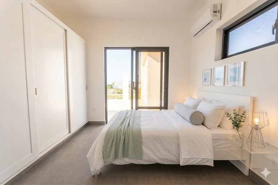 Bright minimalist bedroom with white built-in wardrobes, a queen bed with white linens and a green throw, and a glass door to a balcony.