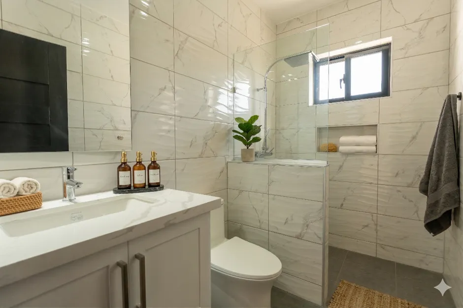 Modern bathroom with white marble tiles, a white vanity, and a glass-enclosed shower; plant on the counter and rolled towels nearby.