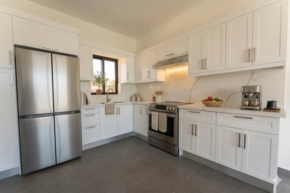 Bright white kitchen with stainless steel French-door refrigerator, marble backsplash, and a stainless gas range.