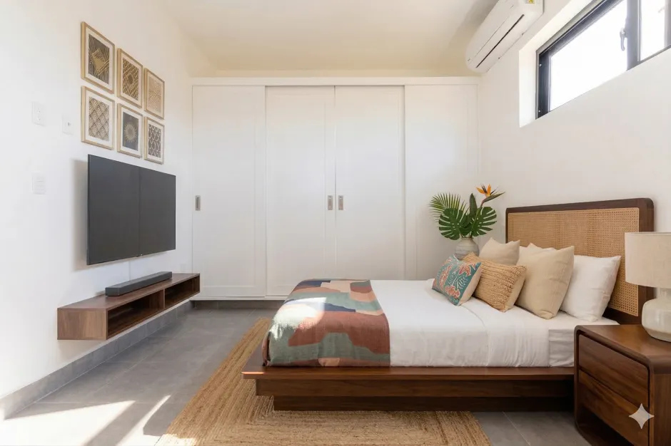 buyDRproperty Modern bedroom with king bed, minimalist decor, and large TV. Sosua Real Estate