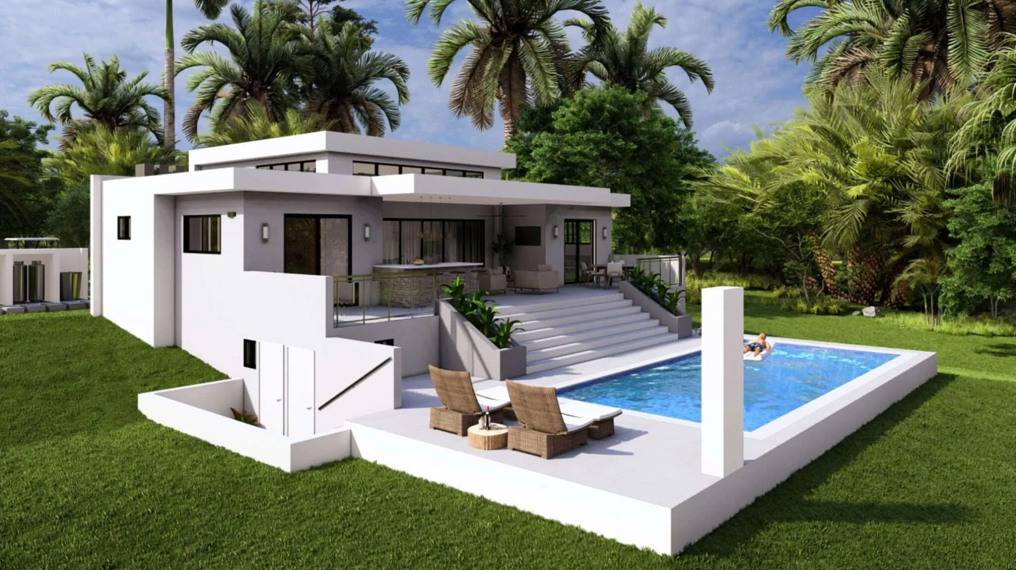 buyDRproperty Modern white villa with swimming pool and palm trees Sosua Real Estate