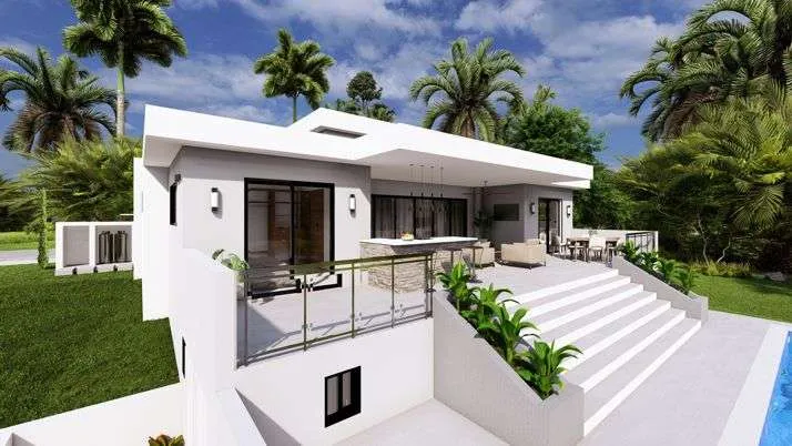buyDRproperty Modern white house with large stairs and palm trees Sosua Real Estate