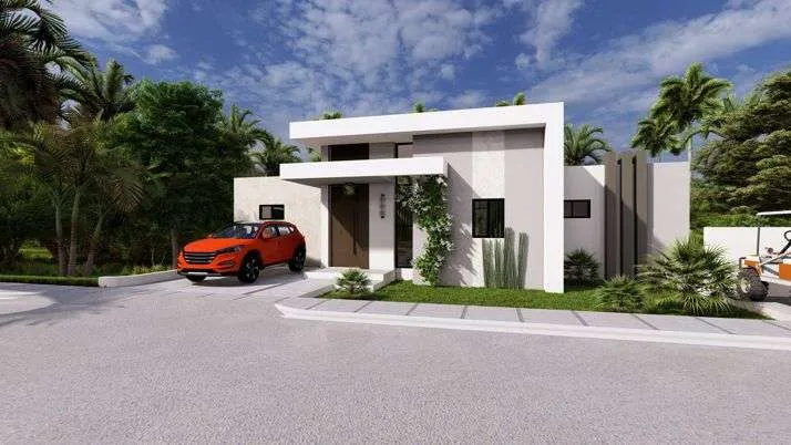 buyDRproperty Modern minimalist house with orange car in driveway, tropical trees Sosua Real Estate